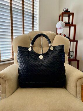 Auth. JILL STUART Genuine Lambskin Leather Diamond Quilted XL Satchel Tote Bag